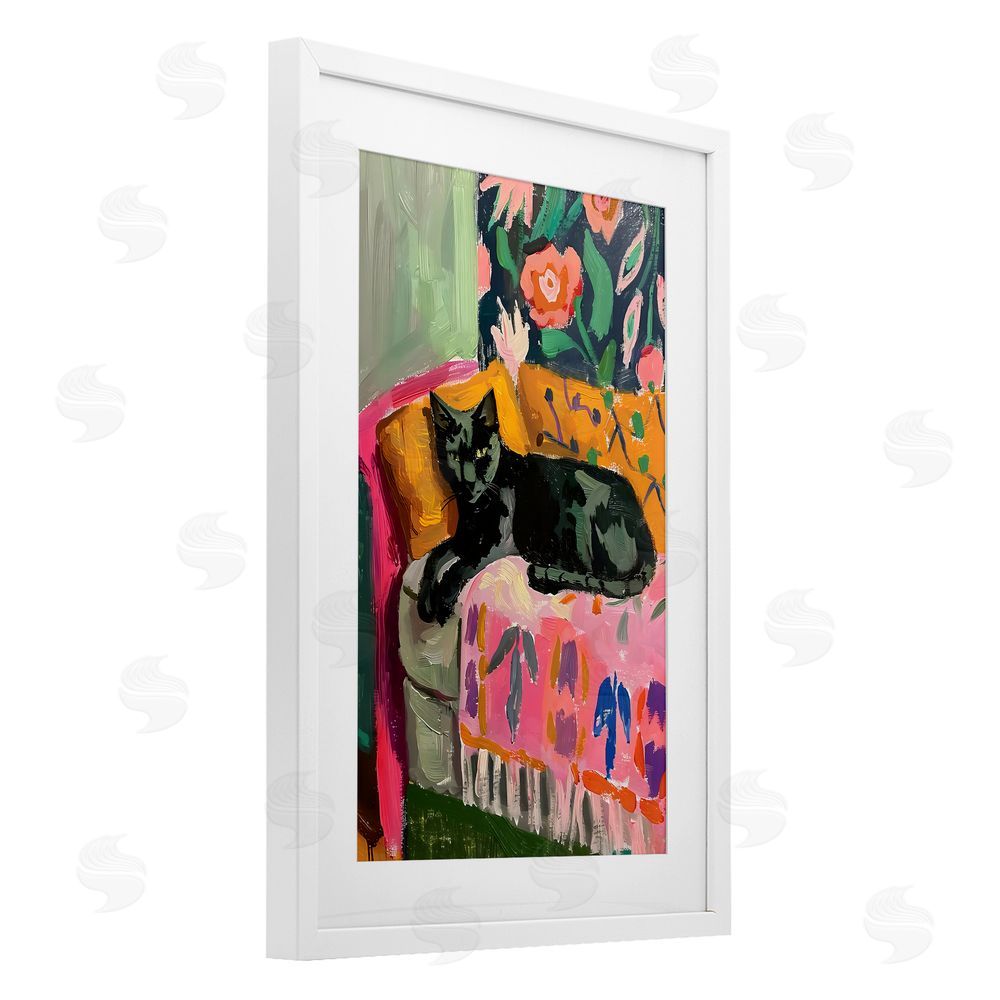 LSR Design Studio Relaxed Kitty on Couch White Framed Print Under Glass with Mat Wall Art