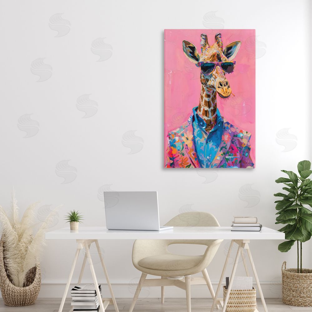 LSR Design Studio Floral Suit Giraffe over Pink Canvas Art on Wall