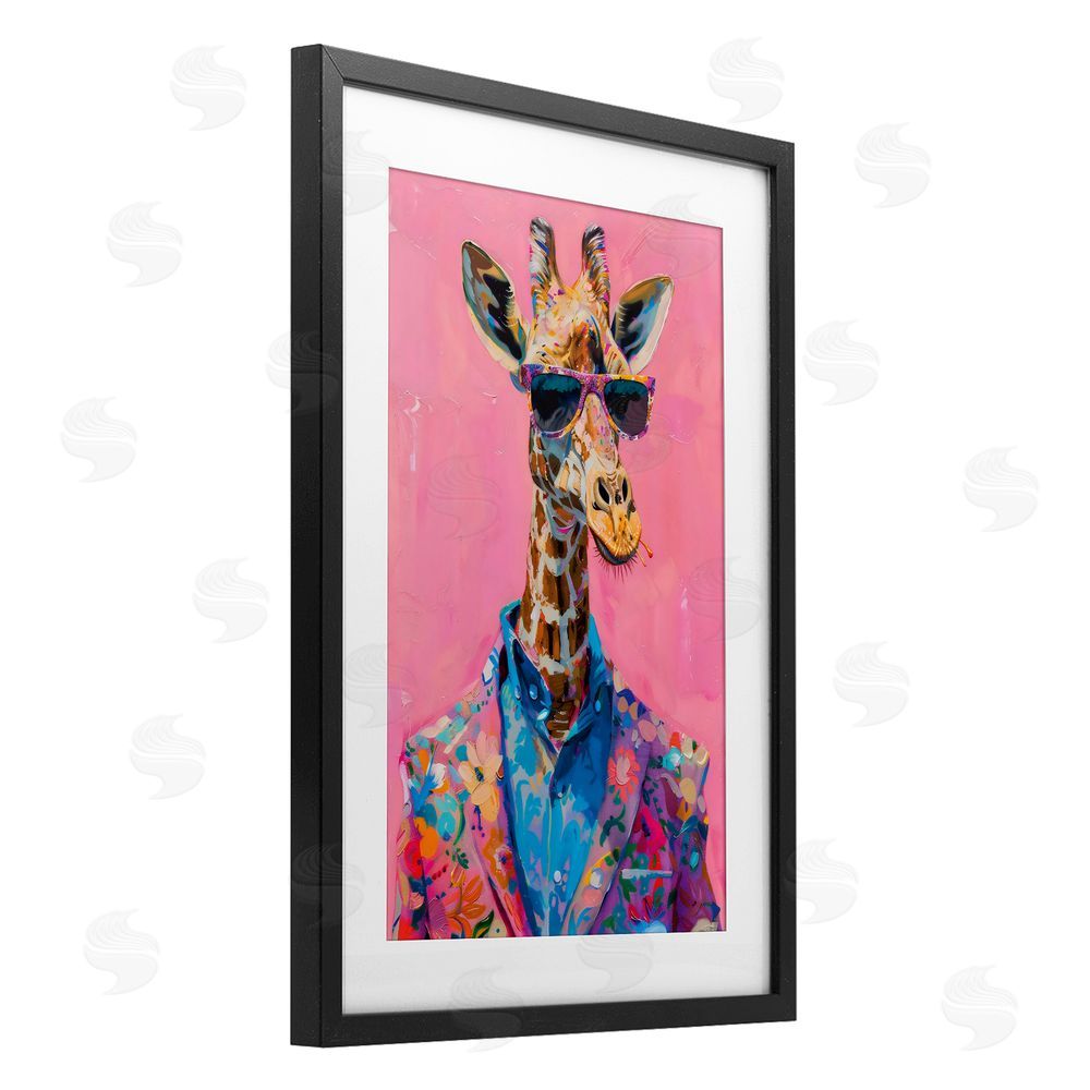LSR Design Studio Floral Suit Giraffe over Pink Black Framed Print Under Glass with White Mat Wall Art
