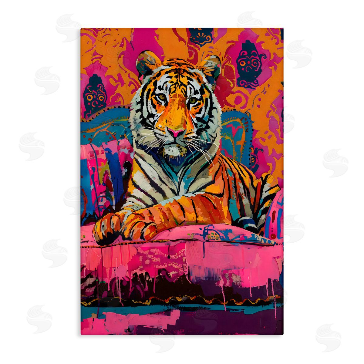 LSR Design Studio Lounging Tiger over Orange Pink Canvas Wall Art Print