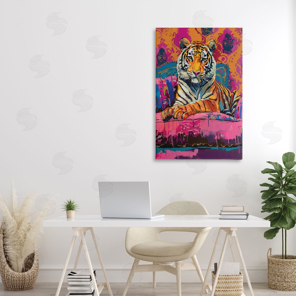 LSR Design Studio Lounging Tiger over Orange Pink Canvas Art on Wall