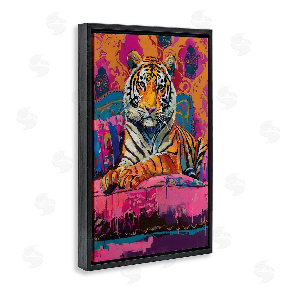 LSR Design Studio Lounging Tiger over Orange Pink Black Floating Frame Canvas Wall Art Print