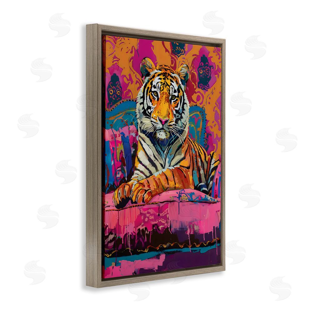 LSR Design Studio Lounging Tiger over Orange Pink Brown Floating Frame Canvas Wall Art Print