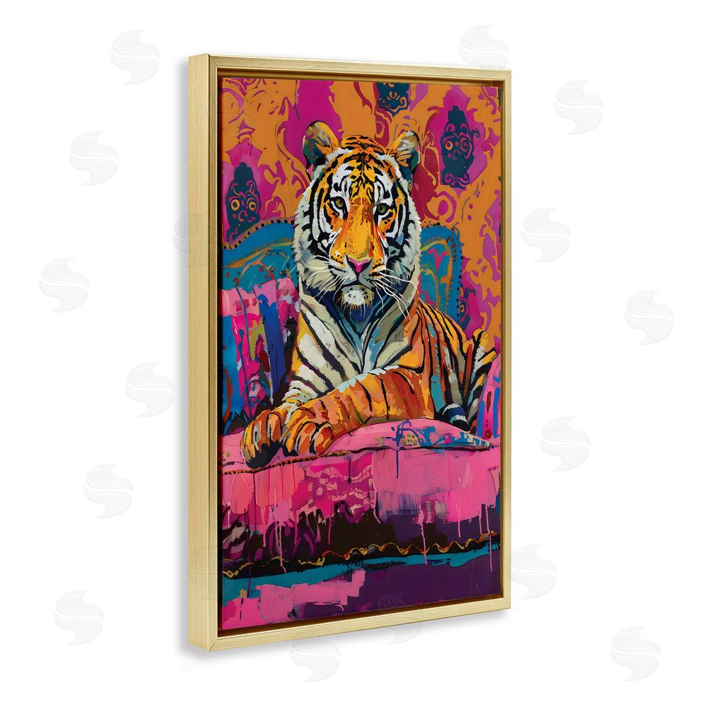 LSR Design Studio Lounging Tiger over Orange Pink Gold Floating Frame Canvas Wall Art Print