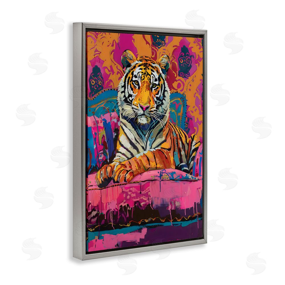 LSR Design Studio Lounging Tiger over Orange Pink Gray Floating Frame Canvas Wall Art Print