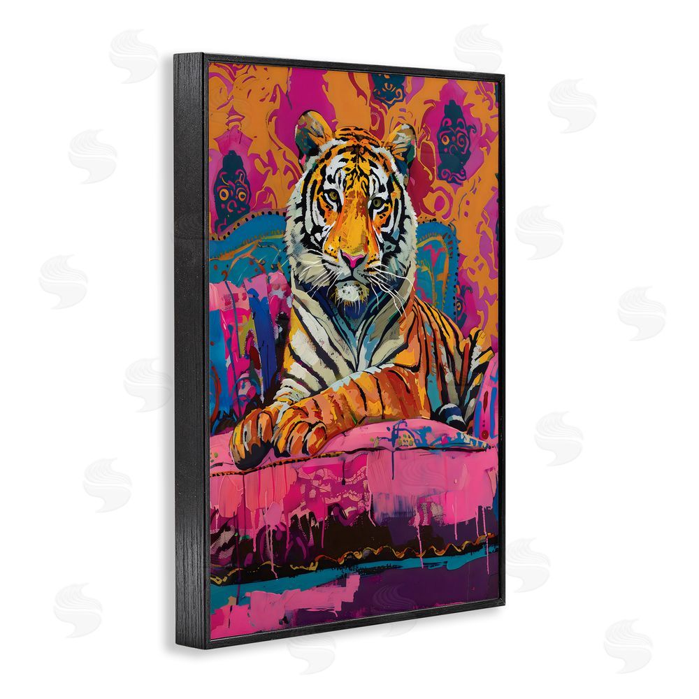 LSR Design Studio Lounging Tiger over Orange Pink Black Framed Giclee Wall Art Print