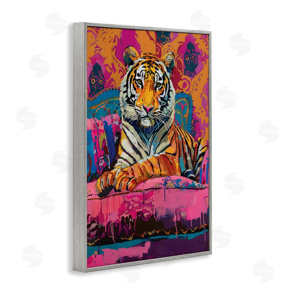 LSR Design Studio Lounging Tiger over Orange Pink Gray Framed Giclee Wall Art Print