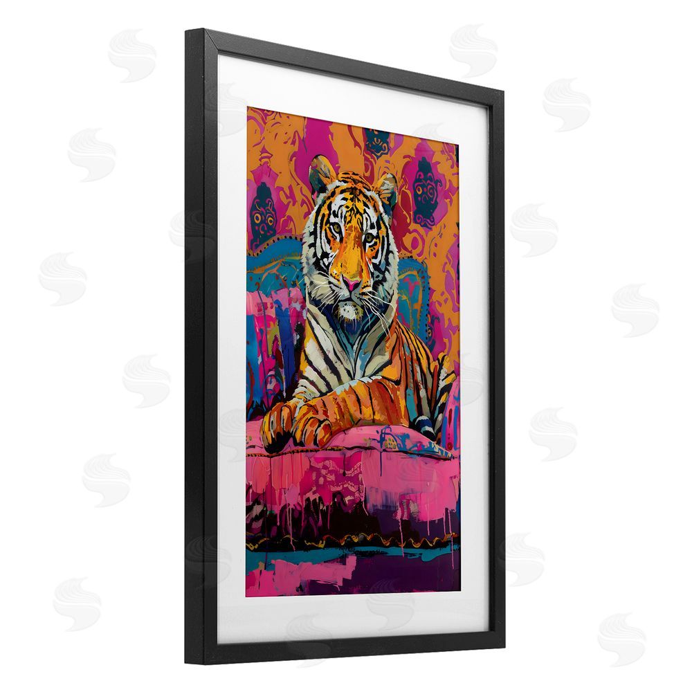 LSR Design Studio Lounging Tiger over Orange Pink Black Framed Print Under Glass with White Mat Wall Art
