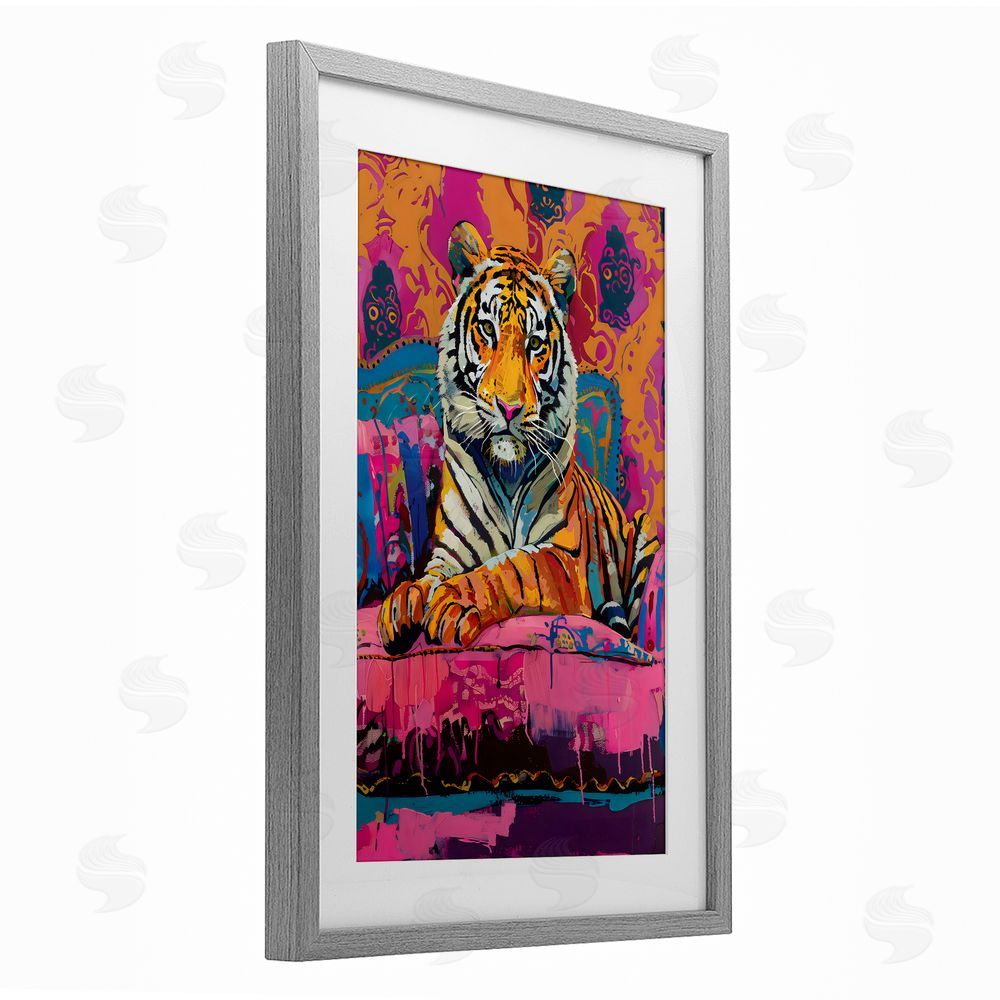 LSR Design Studio Lounging Tiger over Orange Pink Gray Framed Print Under Glass with White Mat Wall Art