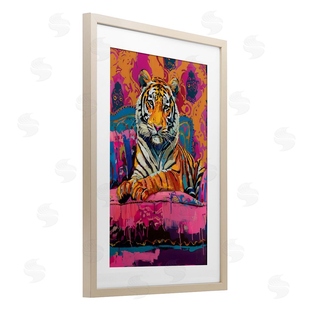 LSR Design Studio Lounging Tiger over Orange Pink Birch Framed Print Under Glass with White Mat Wall Art
