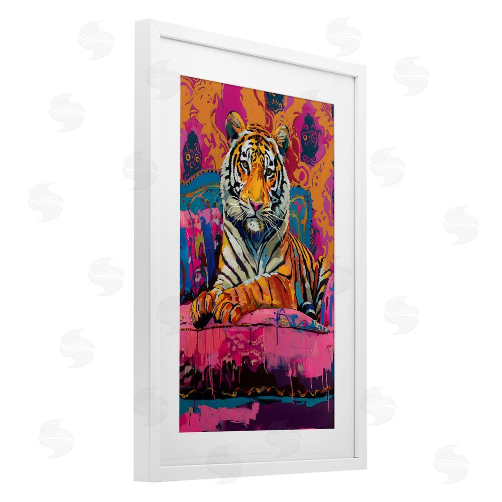 LSR Design Studio Lounging Tiger over Orange Pink White Framed Print Under Glass with Mat Wall Art