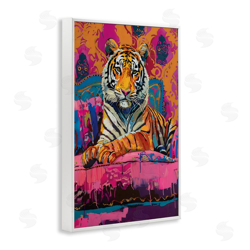 LSR Design Studio Lounging Tiger over Orange Pink White Framed Giclee Wall Art Print