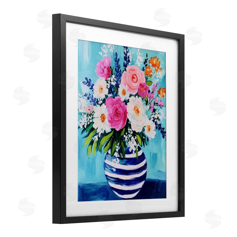 Petal Prints Design Flowers in Shabby Chic Vase Black Framed Print Under Glass with White Mat Wall Art