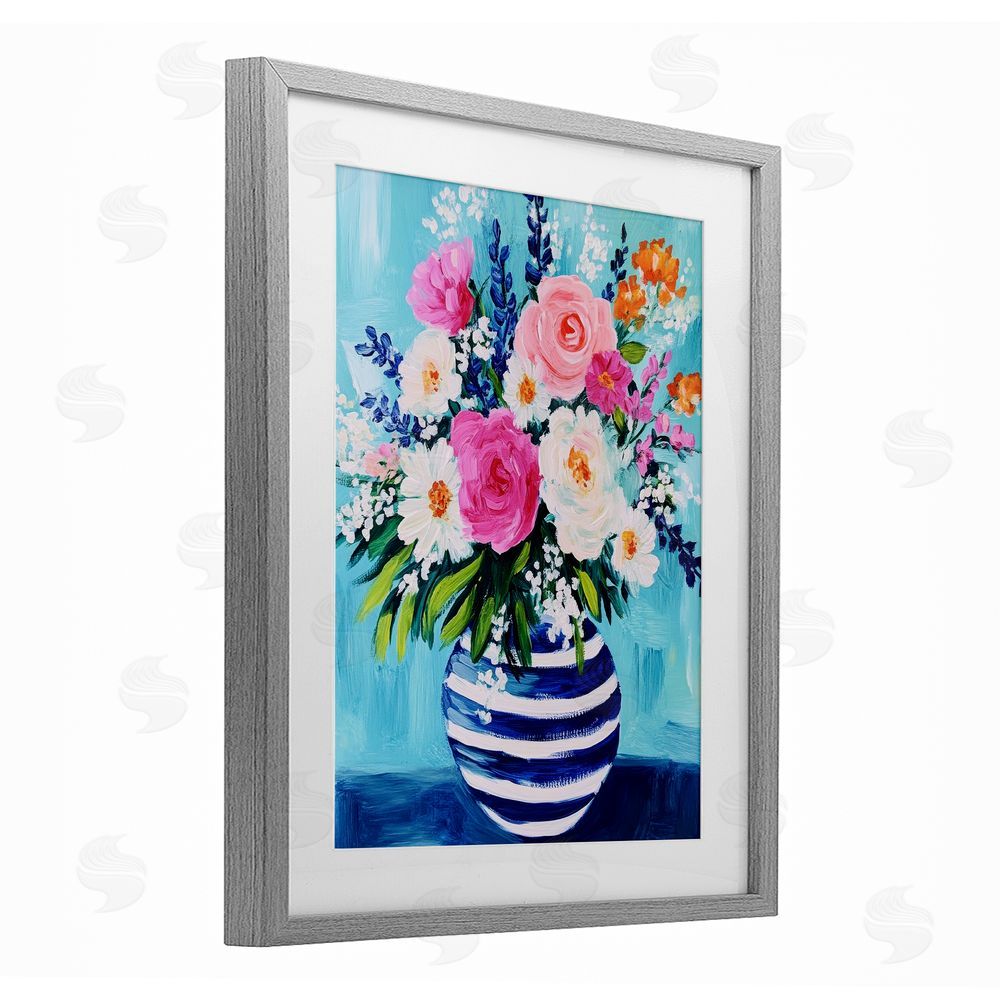 Petal Prints Design Flowers in Shabby Chic Vase Gray Framed Print Under Glass with White Mat Wall Art