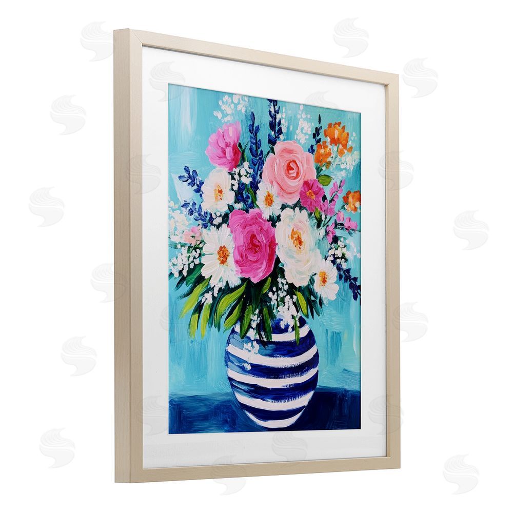 Petal Prints Design Flowers in Shabby Chic Vase Birch Framed Print Under Glass with White Mat Wall Art