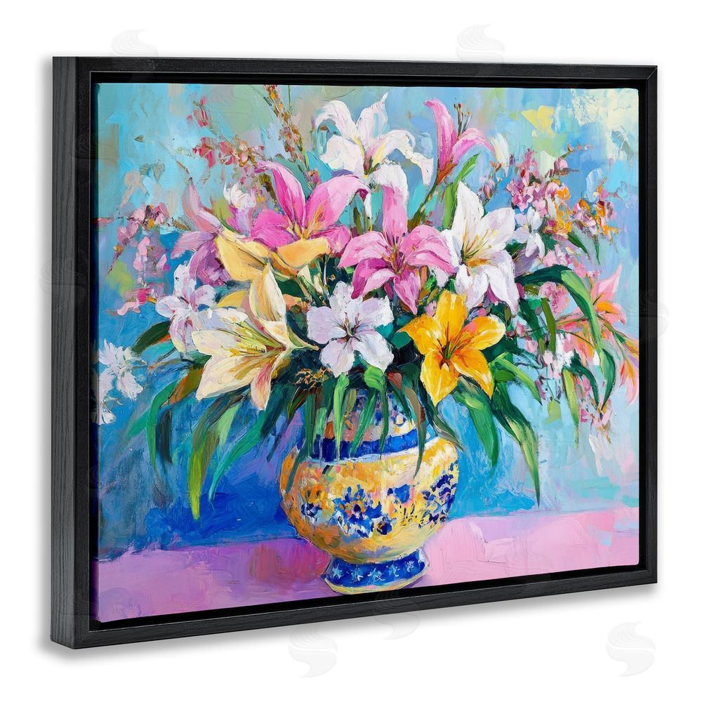 Petal Prints Design Bold Lilies over Blue Black Floating Frame Canvas Wall Art Print