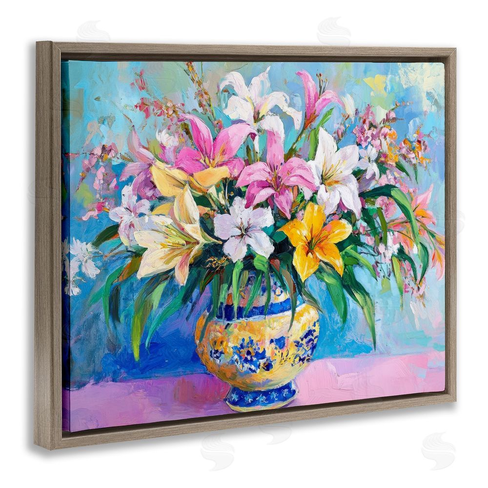 Petal Prints Design Bold Lilies over Blue Brown Floating Frame Canvas Wall Art Print