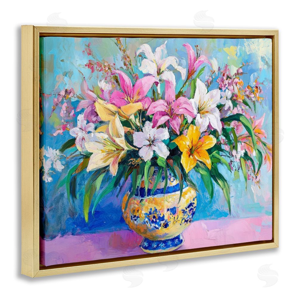 Petal Prints Design Bold Lilies over Blue Gold Floating Frame Canvas Wall Art Print