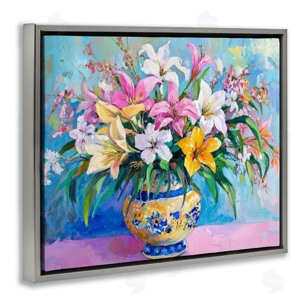 Petal Prints Design Bold Lilies over Blue Gray Floating Frame Canvas Wall Art Print