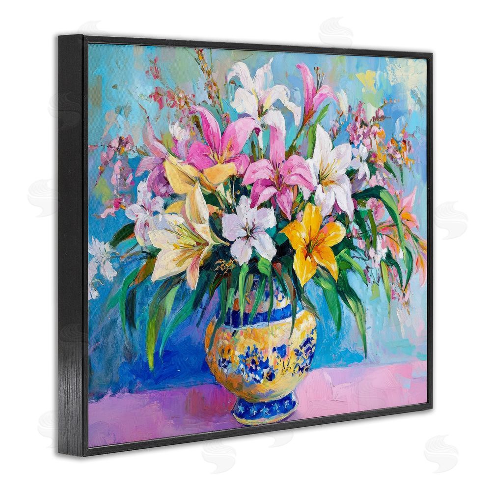 Petal Prints Design Bold Lilies over Blue Black Framed Giclee Wall Art Print
