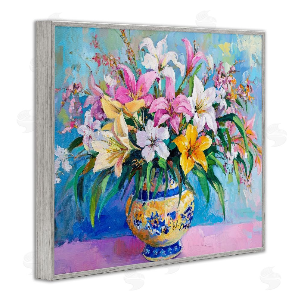 Petal Prints Design Bold Lilies over Blue Gray Framed Giclee Wall Art Print