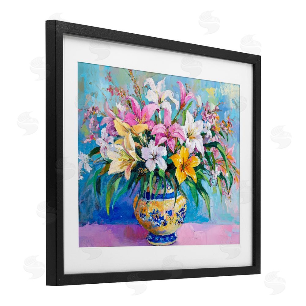 Petal Prints Design Bold Lilies over Blue Black Framed Print Under Glass with White Mat Wall Art