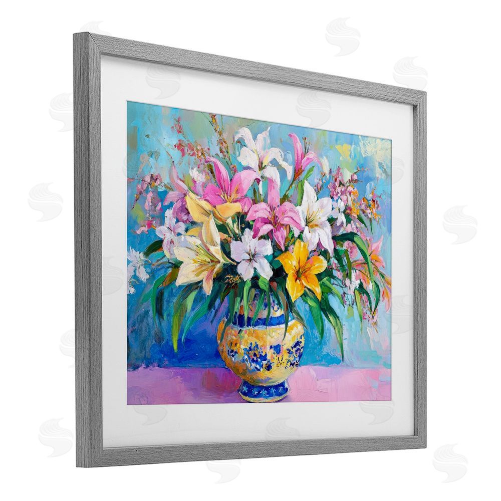 Petal Prints Design Bold Lilies over Blue Gray Framed Print Under Glass with White Mat Wall Art