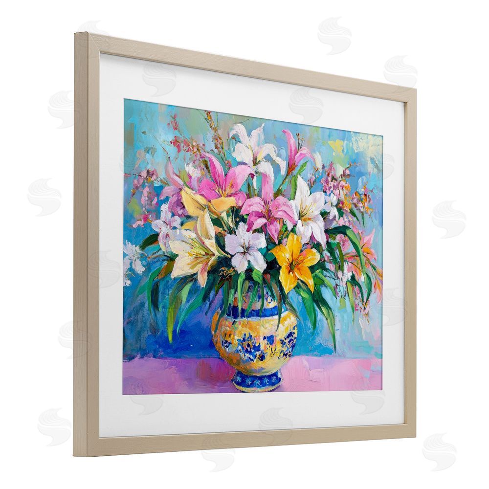 Petal Prints Design Bold Lilies over Blue Birch Framed Print Under Glass with White Mat Wall Art