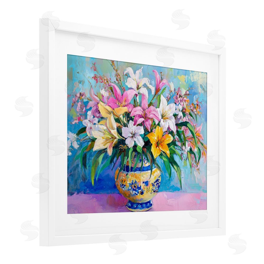 Petal Prints Design Bold Lilies over Blue White Framed Print Under Glass with Mat Wall Art