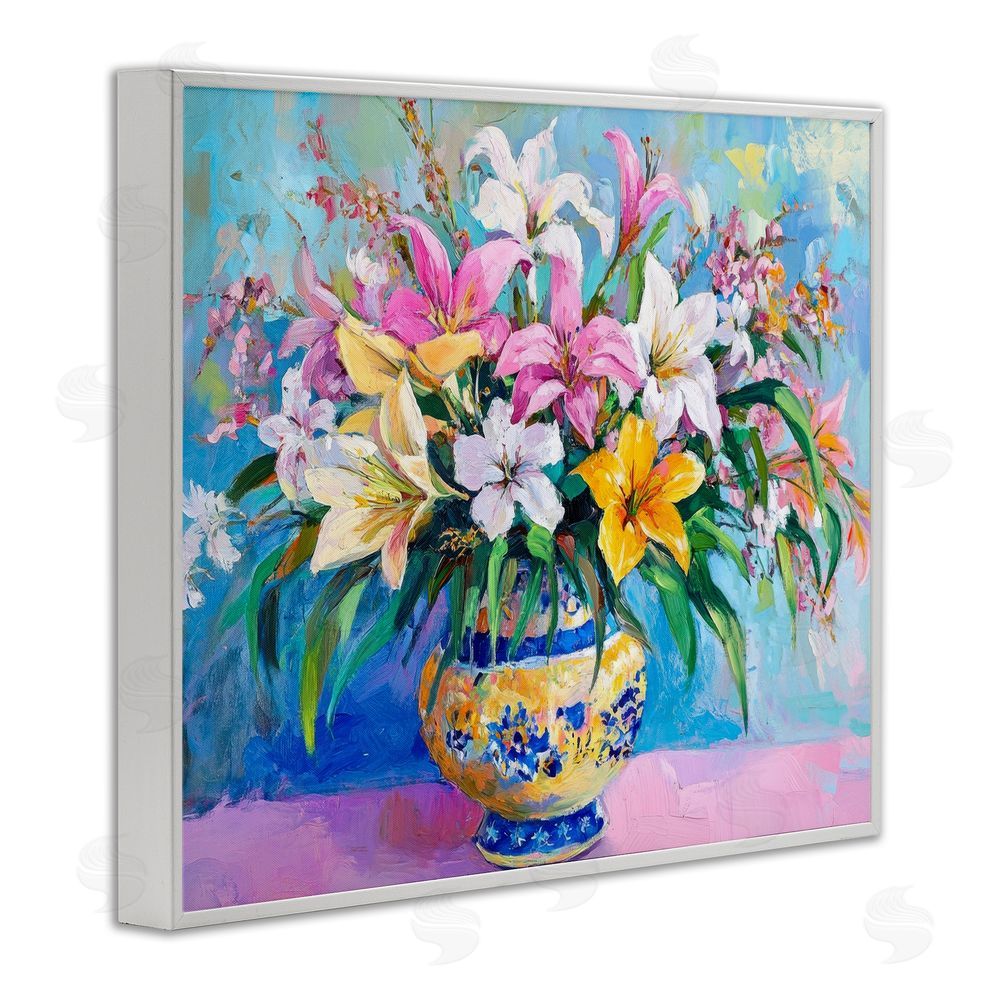 Petal Prints Design Bold Lilies over Blue White Framed Giclee Wall Art Print