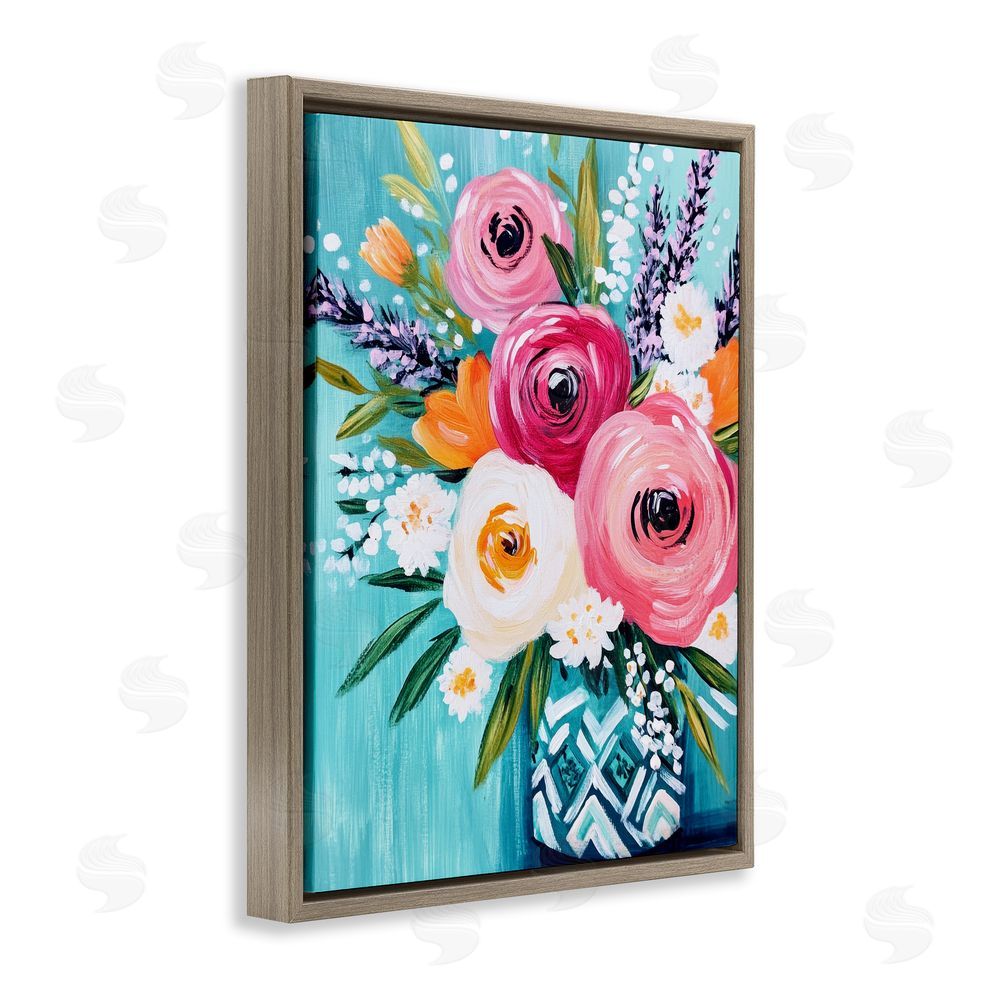 Petal Prints Design Decorative Vase Ranunculus Bouquet Brown Floating Frame Canvas Wall Art Print