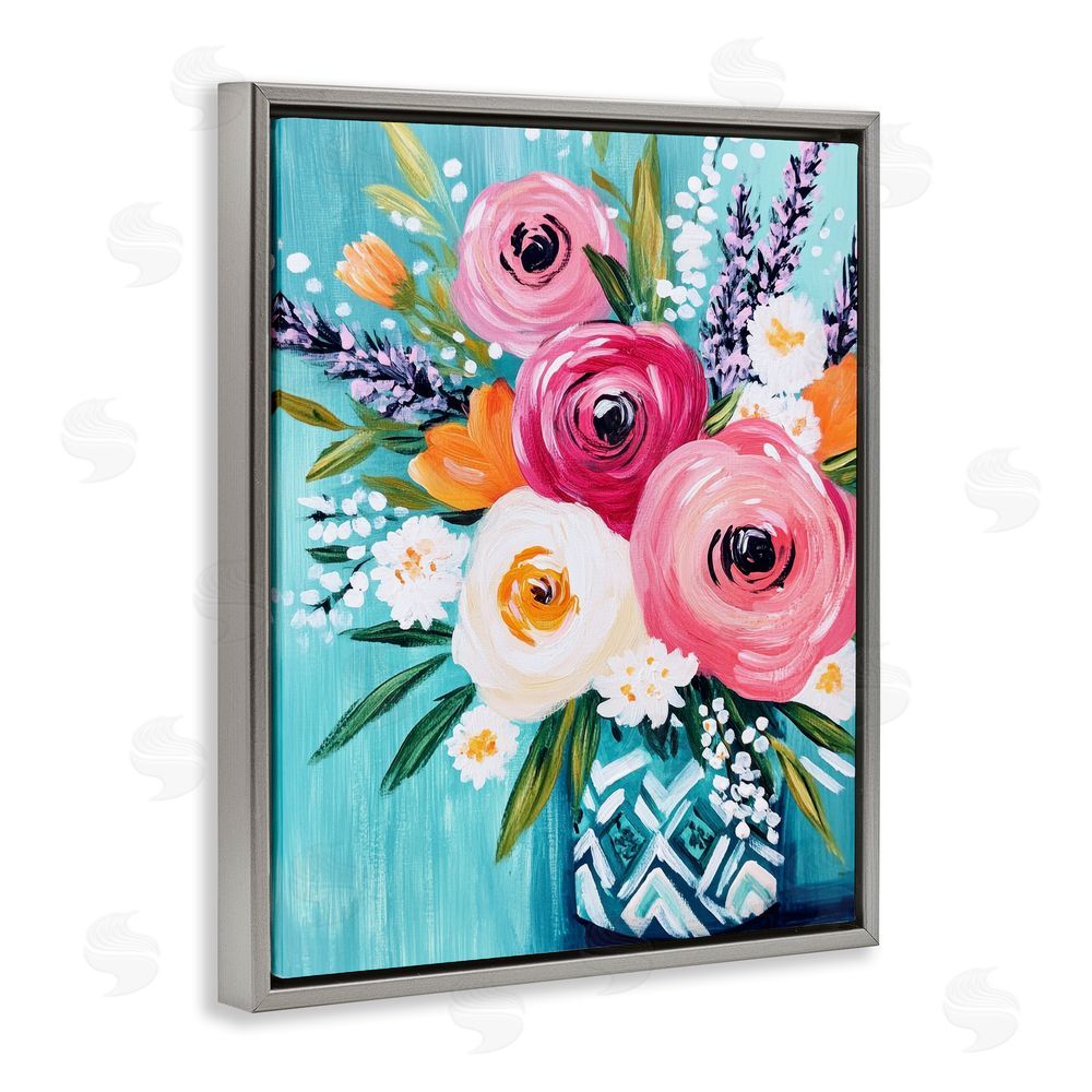 Petal Prints Design Decorative Vase Ranunculus Bouquet Gray Floating Frame Canvas Wall Art Print