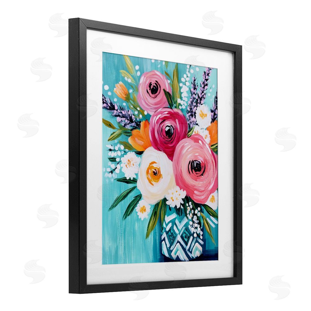 Petal Prints Design Decorative Vase Ranunculus Bouquet Black Framed Print Under Glass with White Mat Wall Art