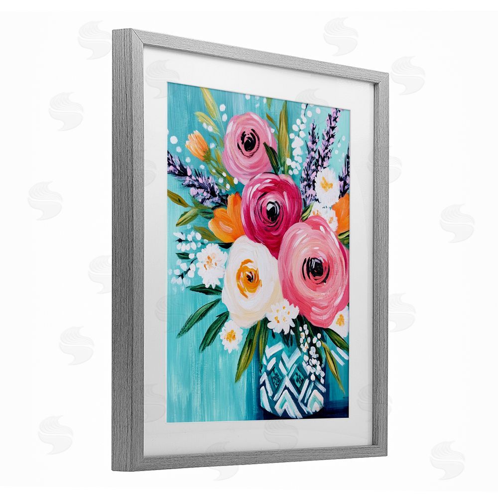 Petal Prints Design Decorative Vase Ranunculus Bouquet Gray Framed Print Under Glass with White Mat Wall Art