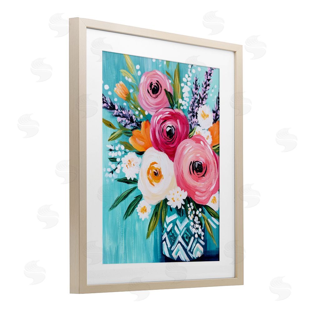 Petal Prints Design Decorative Vase Ranunculus Bouquet Birch Framed Print Under Glass with White Mat Wall Art