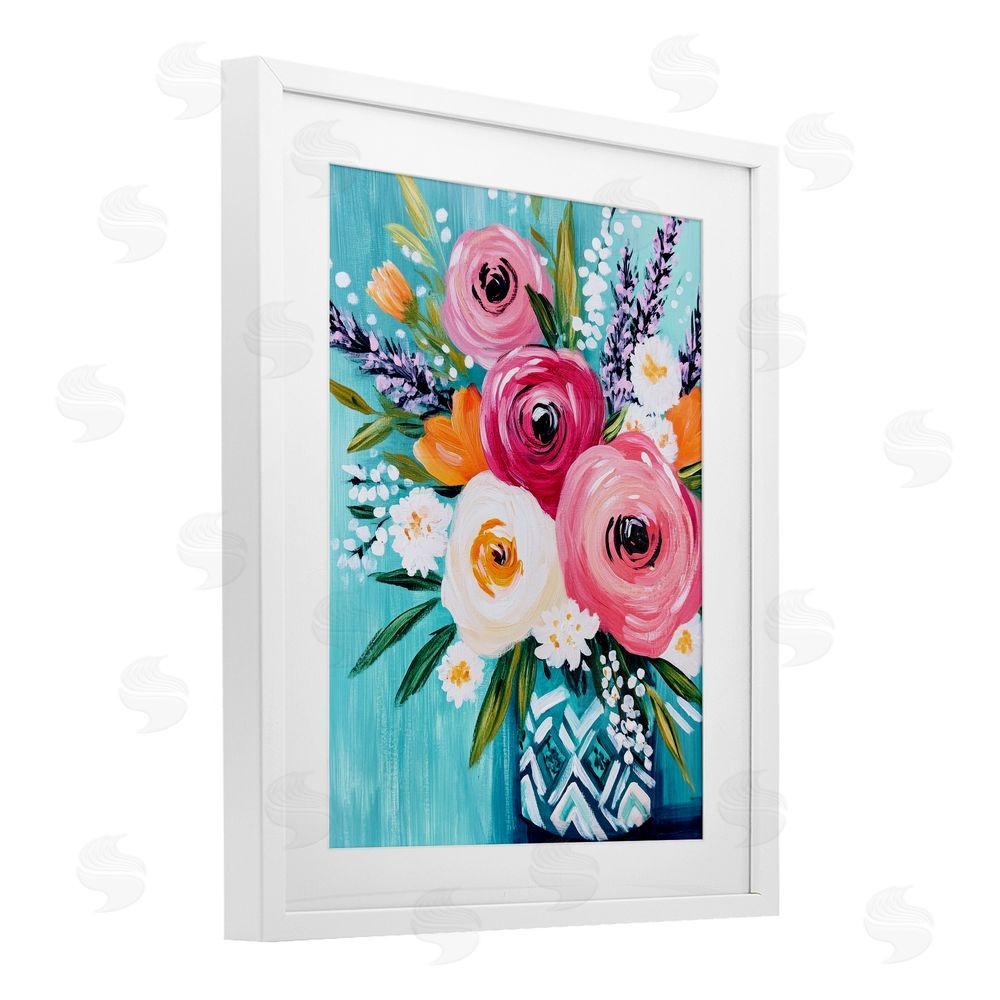 Petal Prints Design Decorative Vase Ranunculus Bouquet White Framed Print Under Glass with Mat Wall Art
