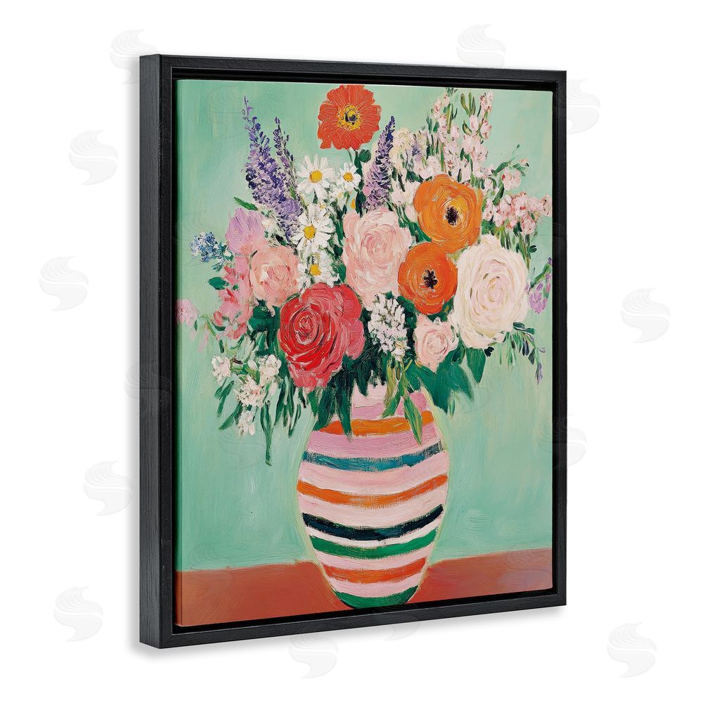 Petal Prints Design Green and Orange Floral Bouquet Black Floating Frame Canvas Wall Art Print