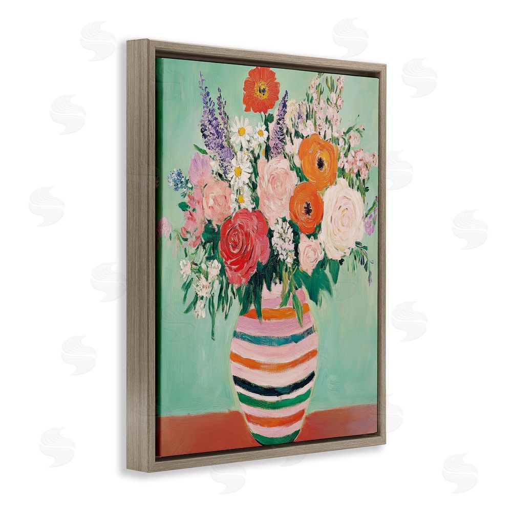 Petal Prints Design Green and Orange Floral Bouquet Brown Floating Frame Canvas Wall Art Print