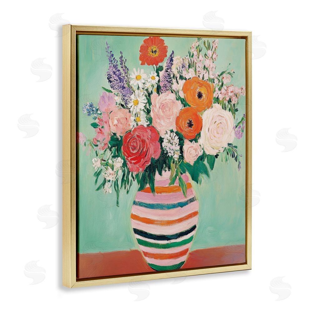 Petal Prints Design Green and Orange Floral Bouquet Gold Floating Frame Canvas Wall Art Print