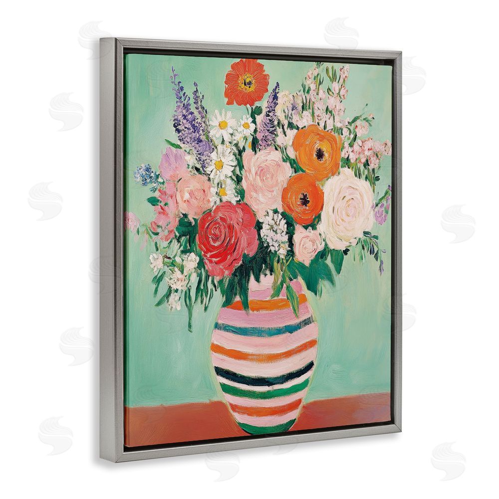 Petal Prints Design Green and Orange Floral Bouquet Gray Floating Frame Canvas Wall Art Print