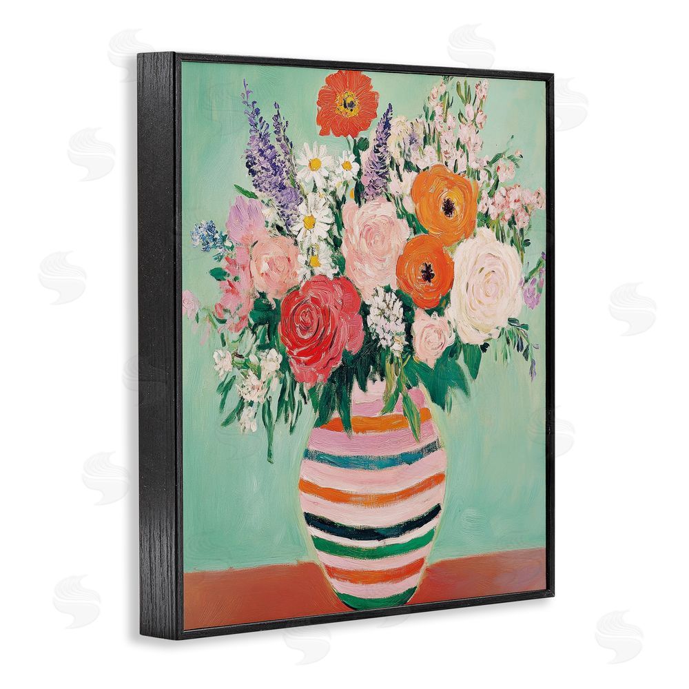 Petal Prints Design Green and Orange Floral Bouquet Black Framed Giclee Wall Art Print