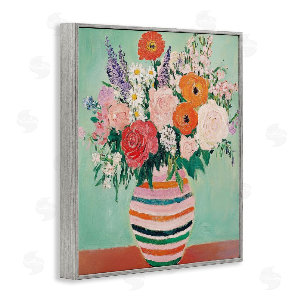 Petal Prints Design Green and Orange Floral Bouquet Gray Framed Giclee Wall Art Print
