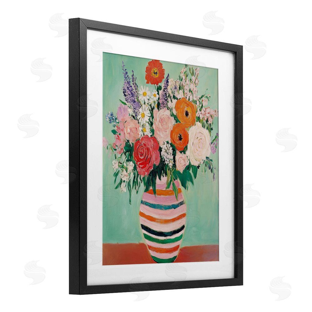 Petal Prints Design Green and Orange Floral Bouquet Black Framed Print Under Glass with White Mat Wall Art
