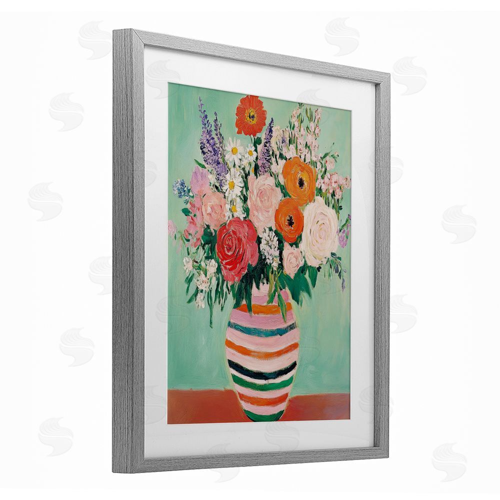 Petal Prints Design Green and Orange Floral Bouquet Gray Framed Print Under Glass with White Mat Wall Art