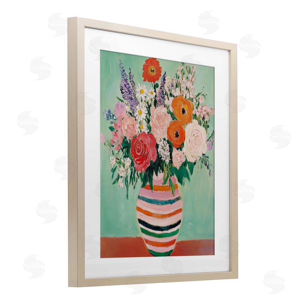 Petal Prints Design Green and Orange Floral Bouquet Birch Framed Print Under Glass with White Mat Wall Art