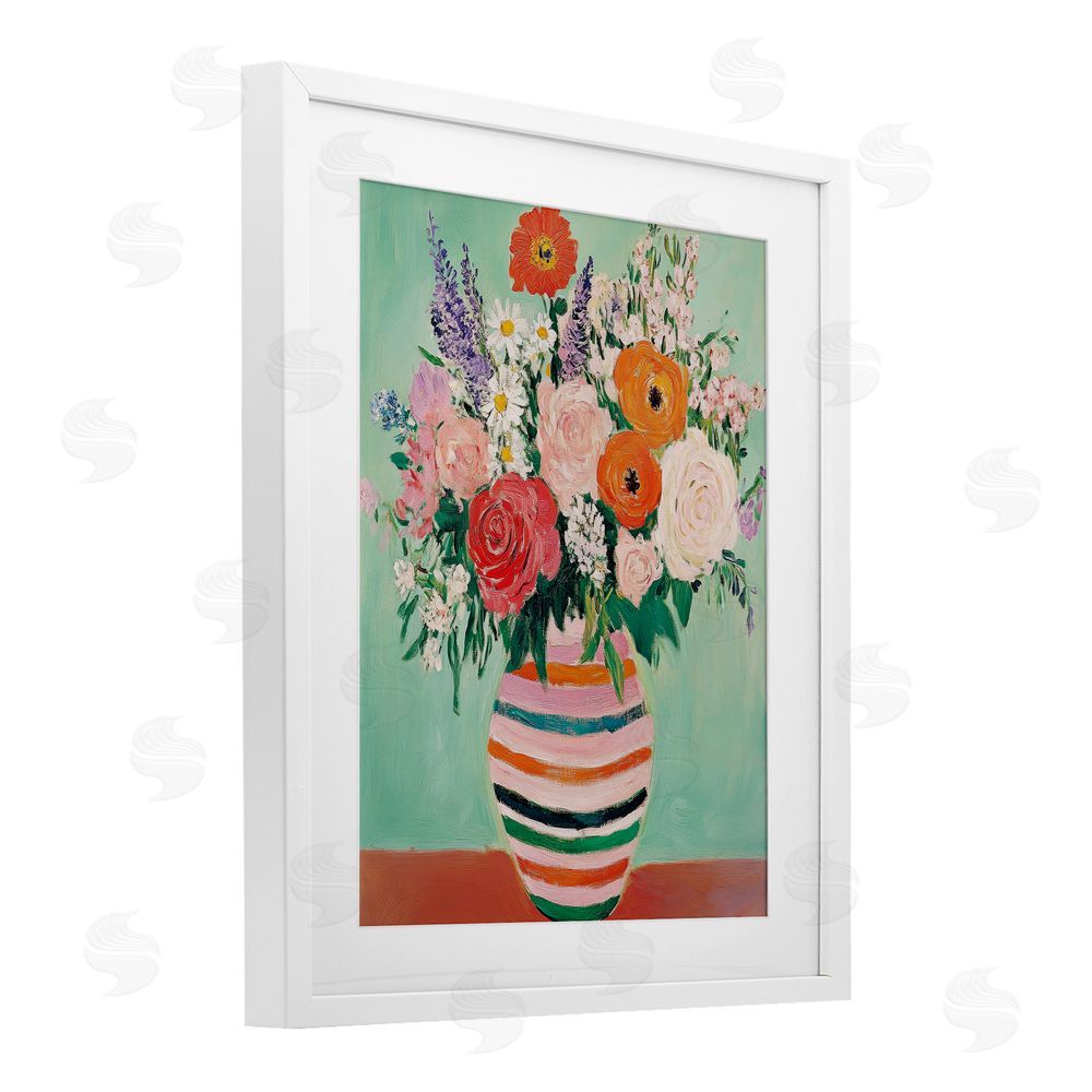 Petal Prints Design Green and Orange Floral Bouquet White Framed Print Under Glass with Mat Wall Art