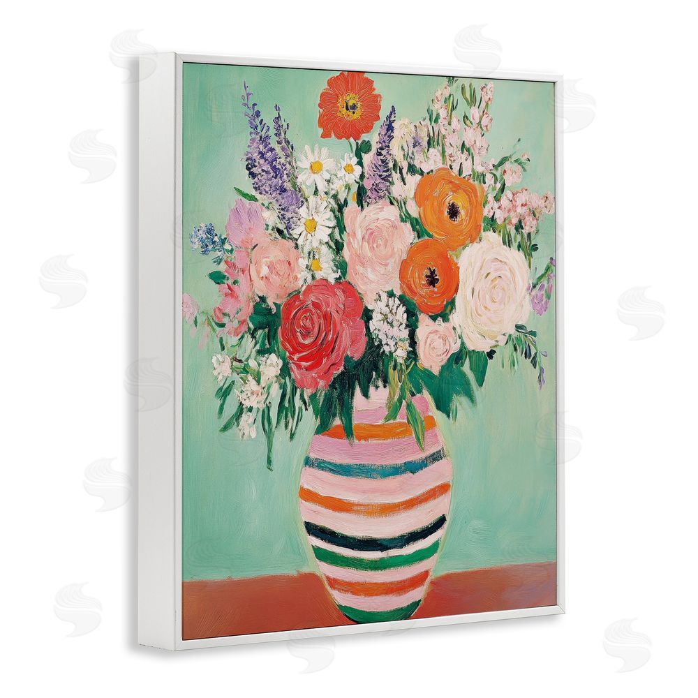 Petal Prints Design Green and Orange Floral Bouquet White Framed Giclee Wall Art Print