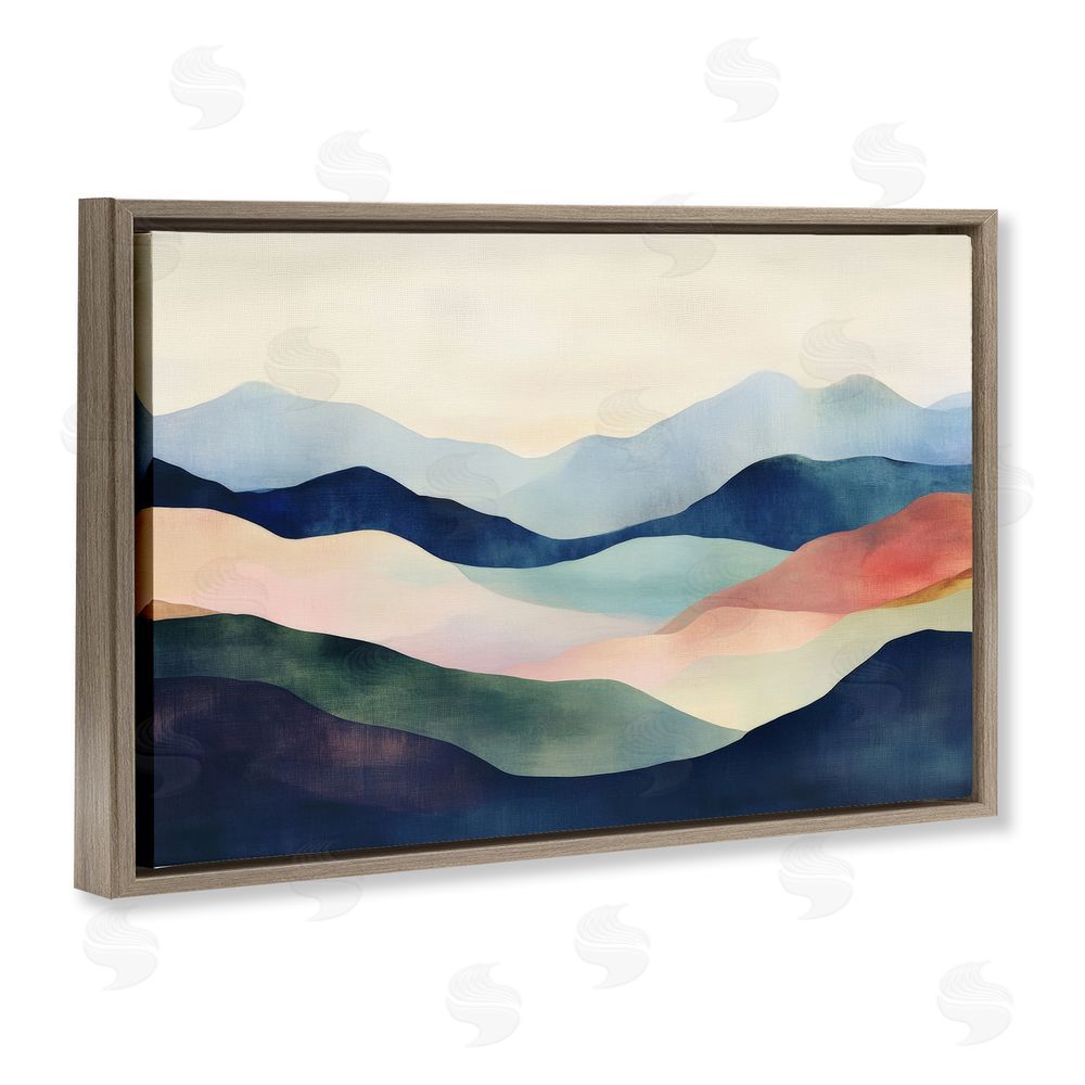 Petal Prints Design Blue Abstract Mountain Landscape Brown Floating Frame Canvas Wall Art Print