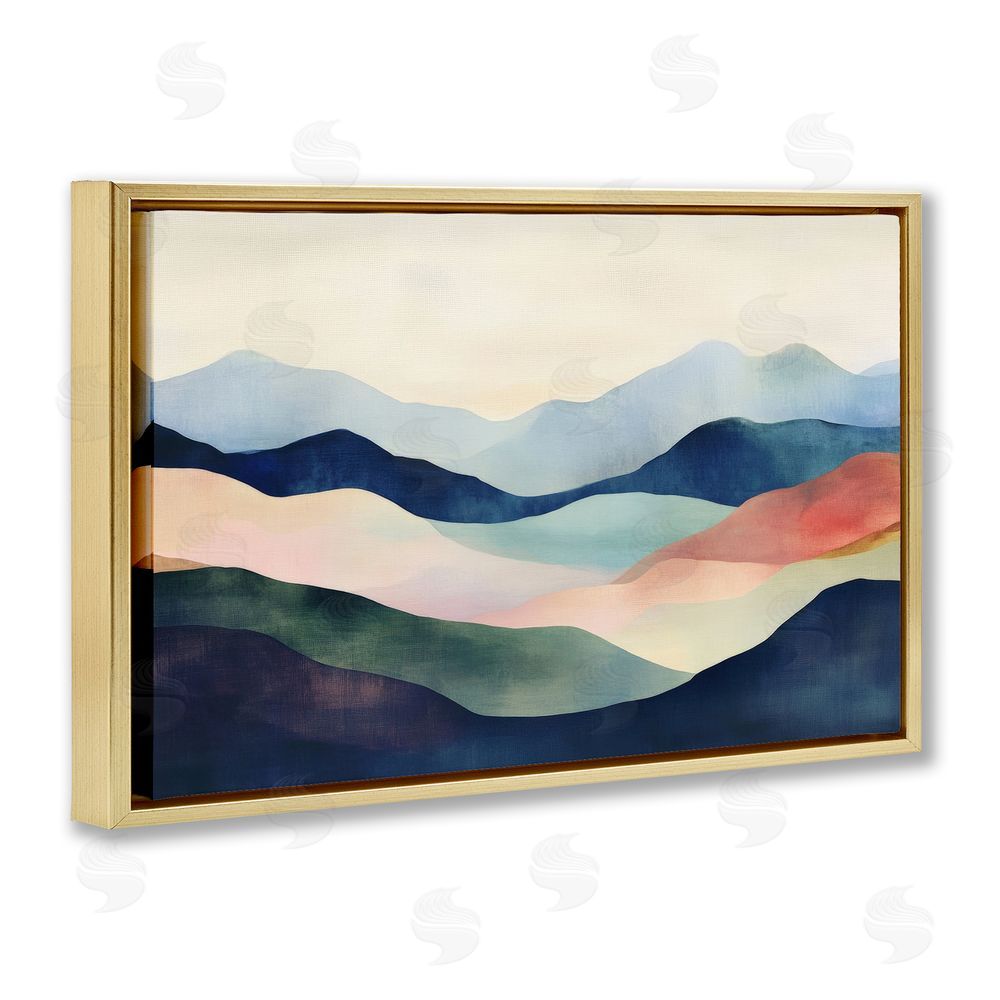 Petal Prints Design Blue Abstract Mountain Landscape Gold Floating Frame Canvas Wall Art Print