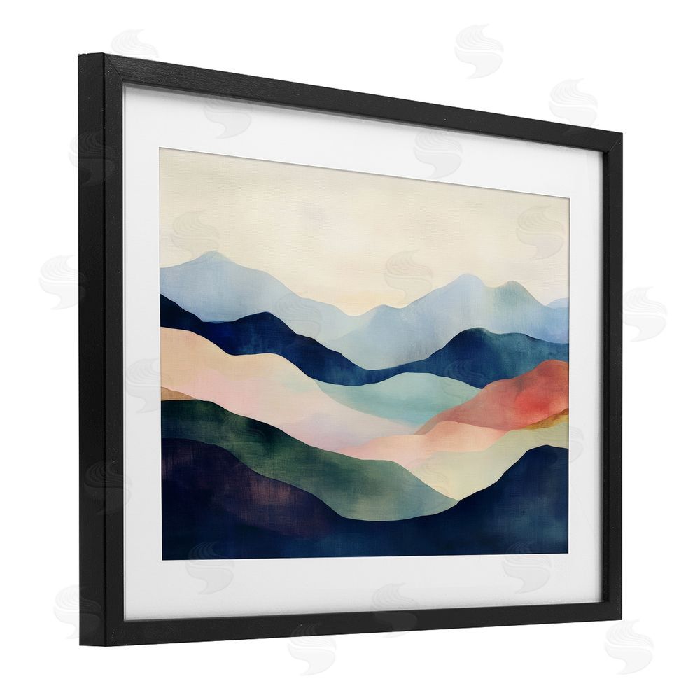Petal Prints Design Blue Abstract Mountain Landscape Black Framed Print Under Glass with White Mat Wall Art